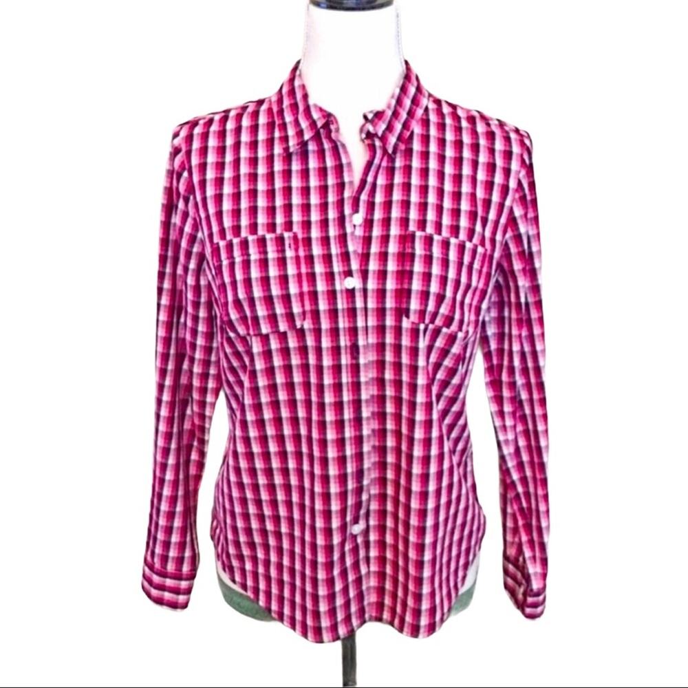 Crofts & Barrow Western Blouse Pink Black 100% Cotton Buffalo Plaid PS